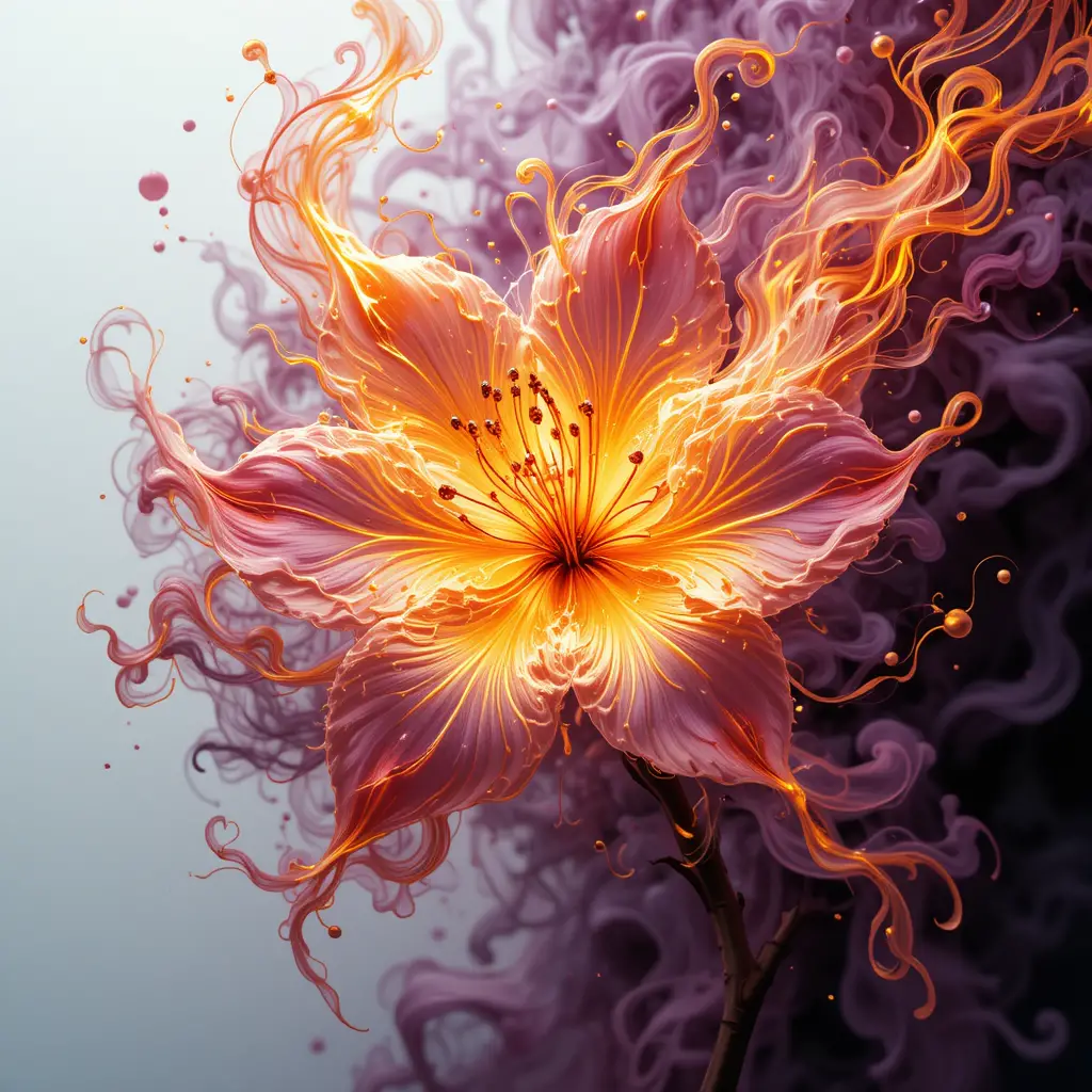 Peinture de fleurs de cerisier dorées avec fond de feu abstrait