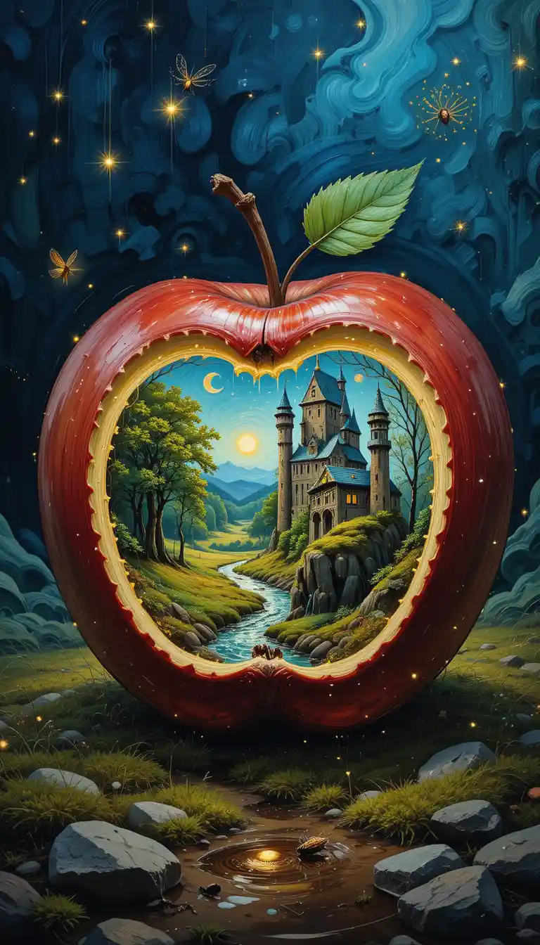 Primer plano surrealista de una manzana que revela un diminuto mundo de fantasía