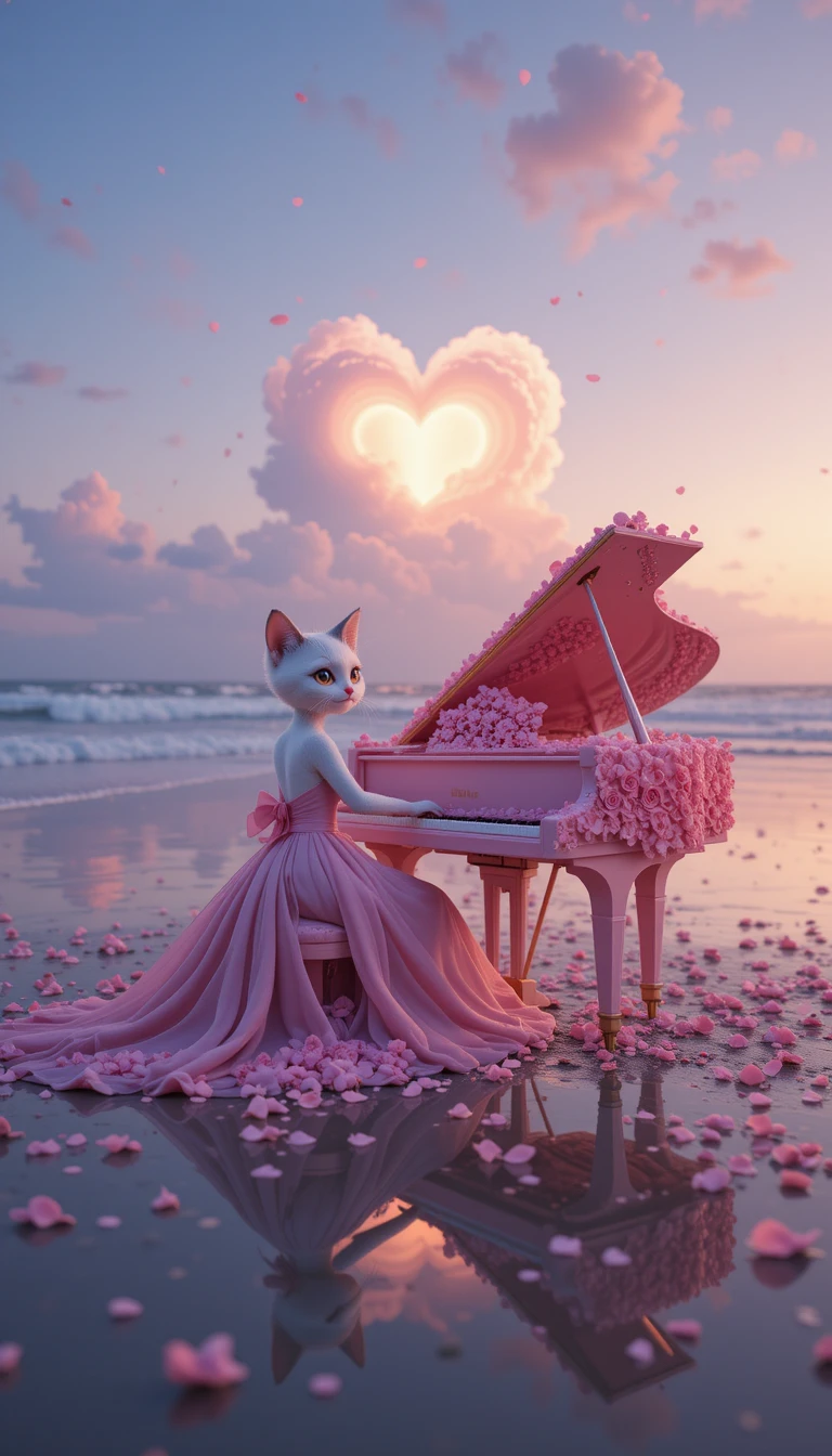 Gato tocando piano rosa na praia romântica ao pôr do sol