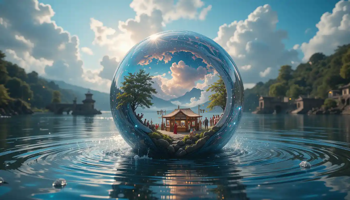 Surreal crystal orb floating in swirling iridescent water