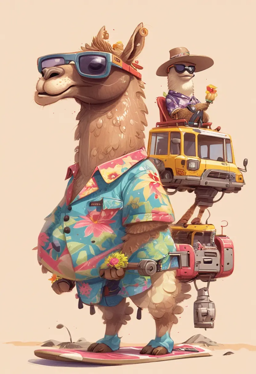 Cool cartoon llama surfing in a tropical beach scene