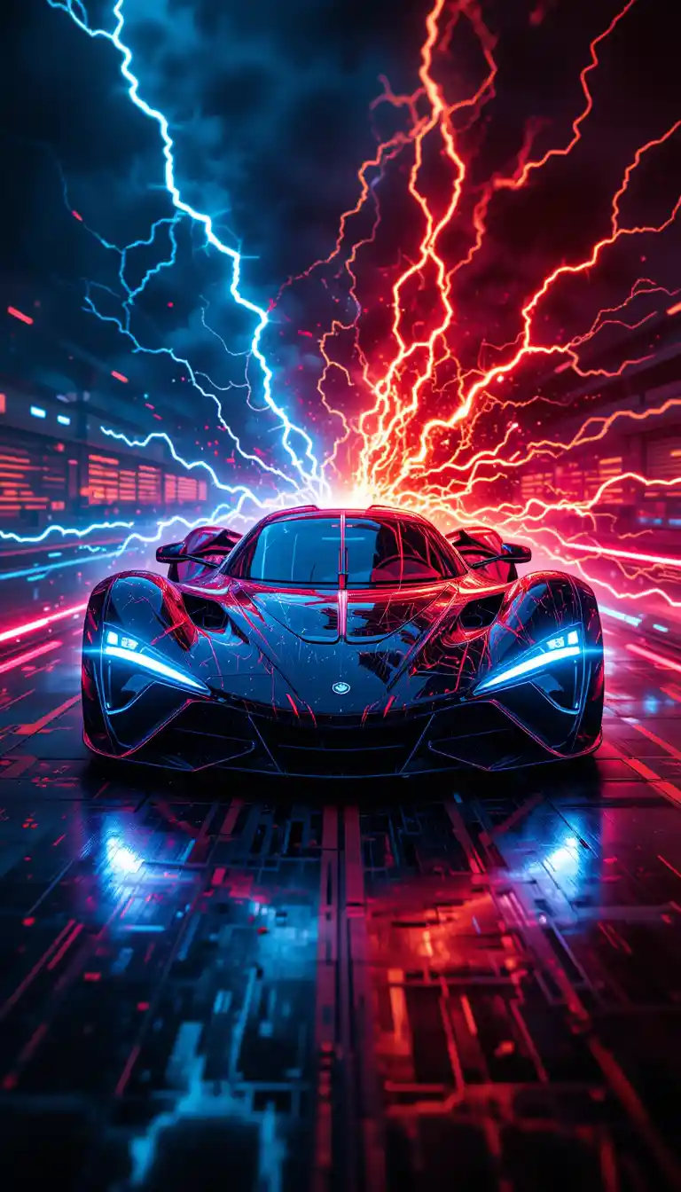 Futuristic sports car racing through neon sci fi energy