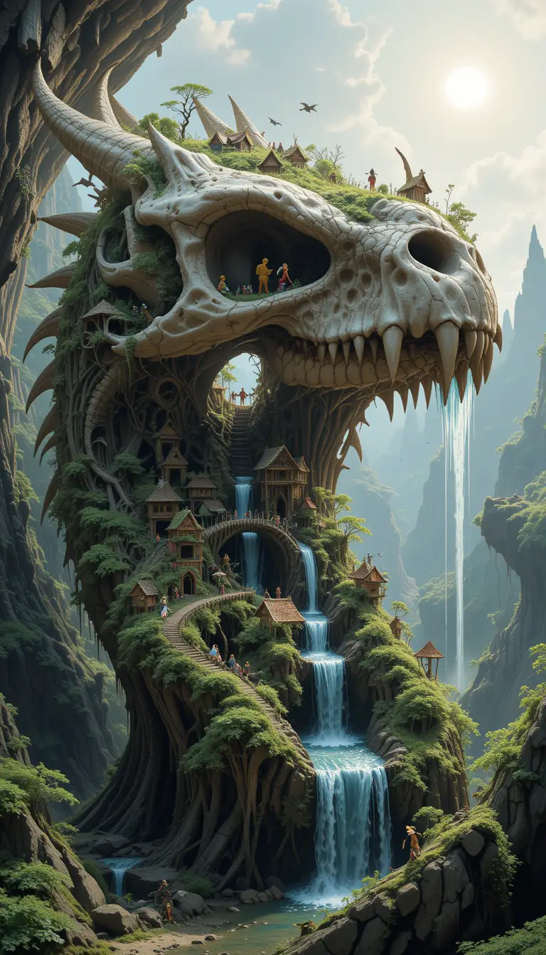 Miniature Village Inside An Ancient Dragon Skull Cavern