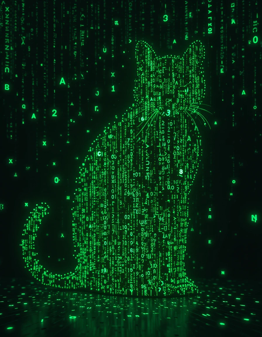 Neon code cat silhouette banner on black background