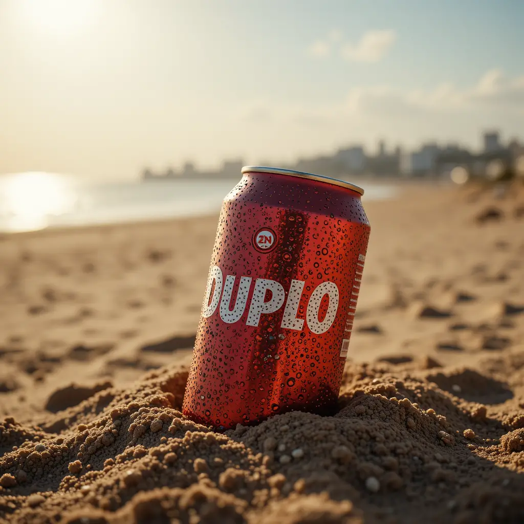 Lattina di soda cinematografica sulla sabbia della spiaggia al tramonto dorato