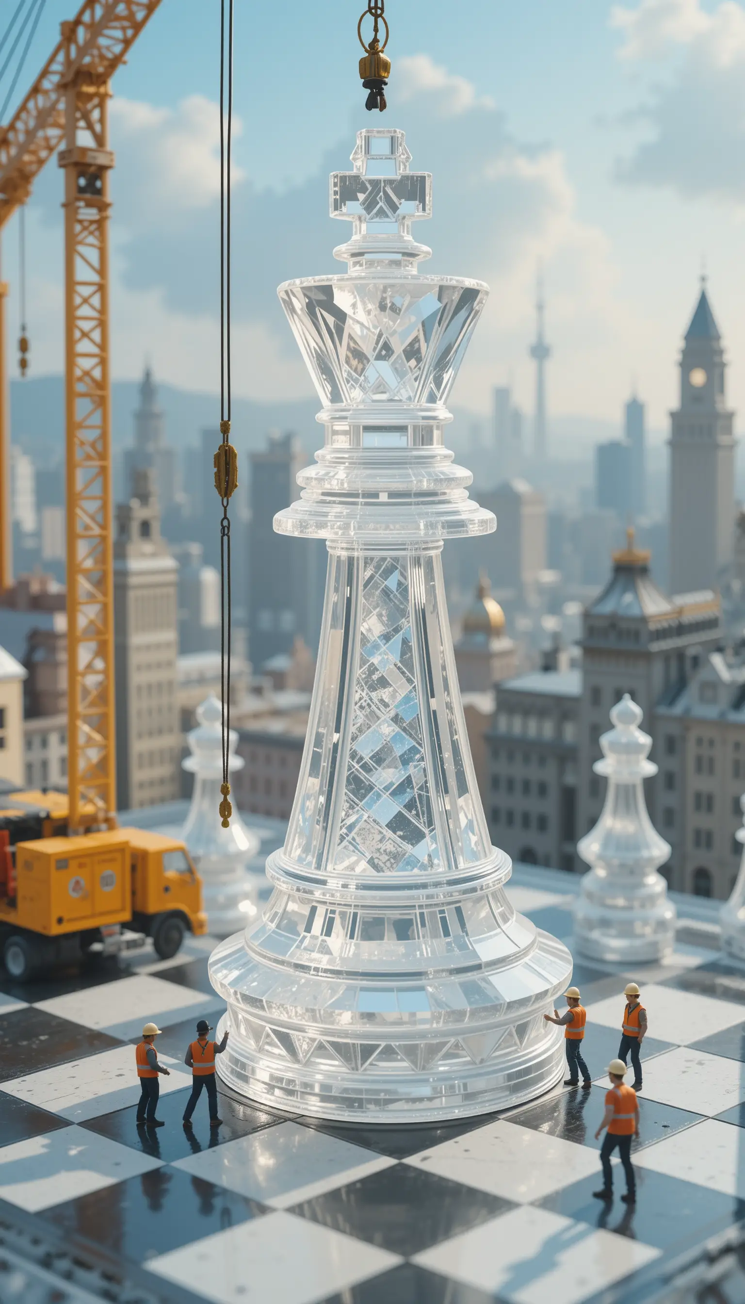 Grue miniature déplaçant un roi en cristal géant sur l’échiquier