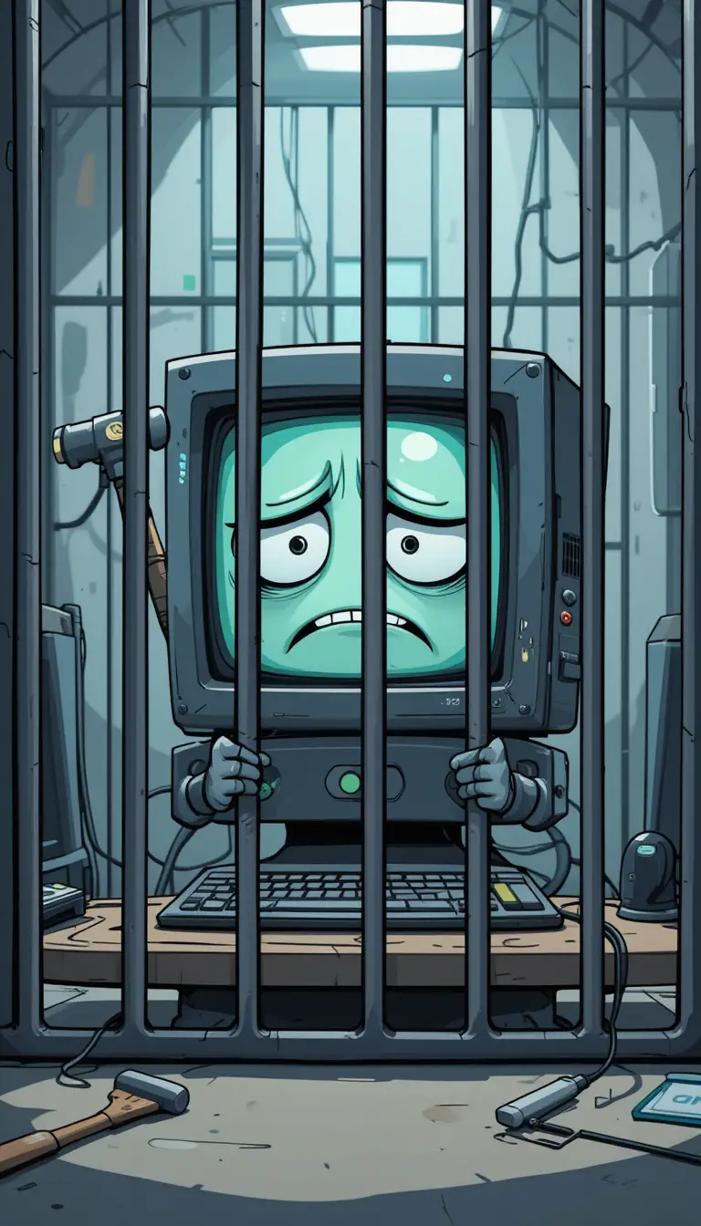 在鐵欄杆後被維修的悲傷卡通電腦
