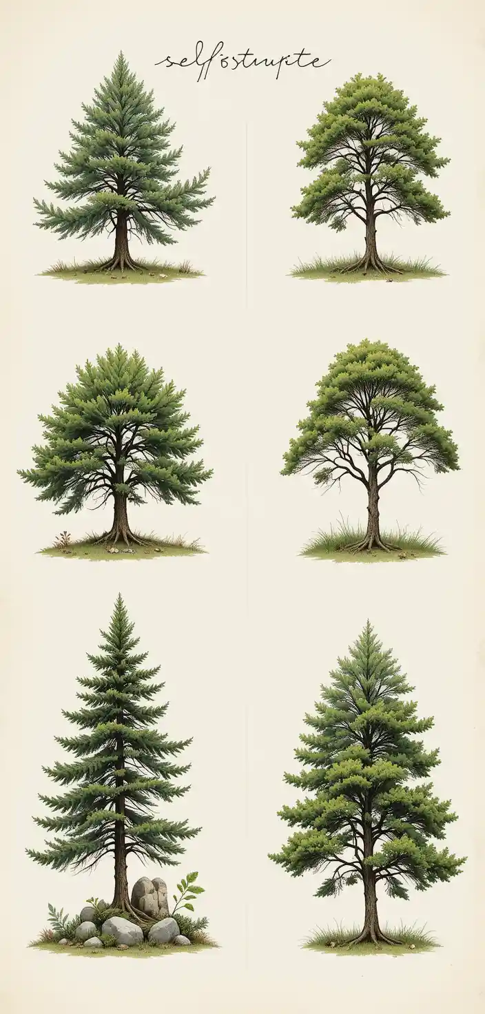 Illustrated collection of diverse trees on neutral background