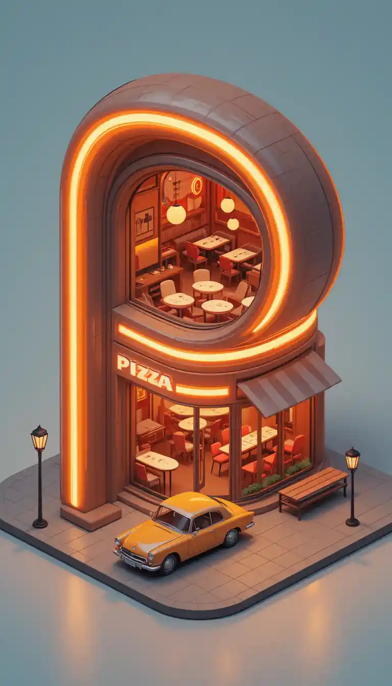 Isometric neon pizza restaurant with vintage yellow car