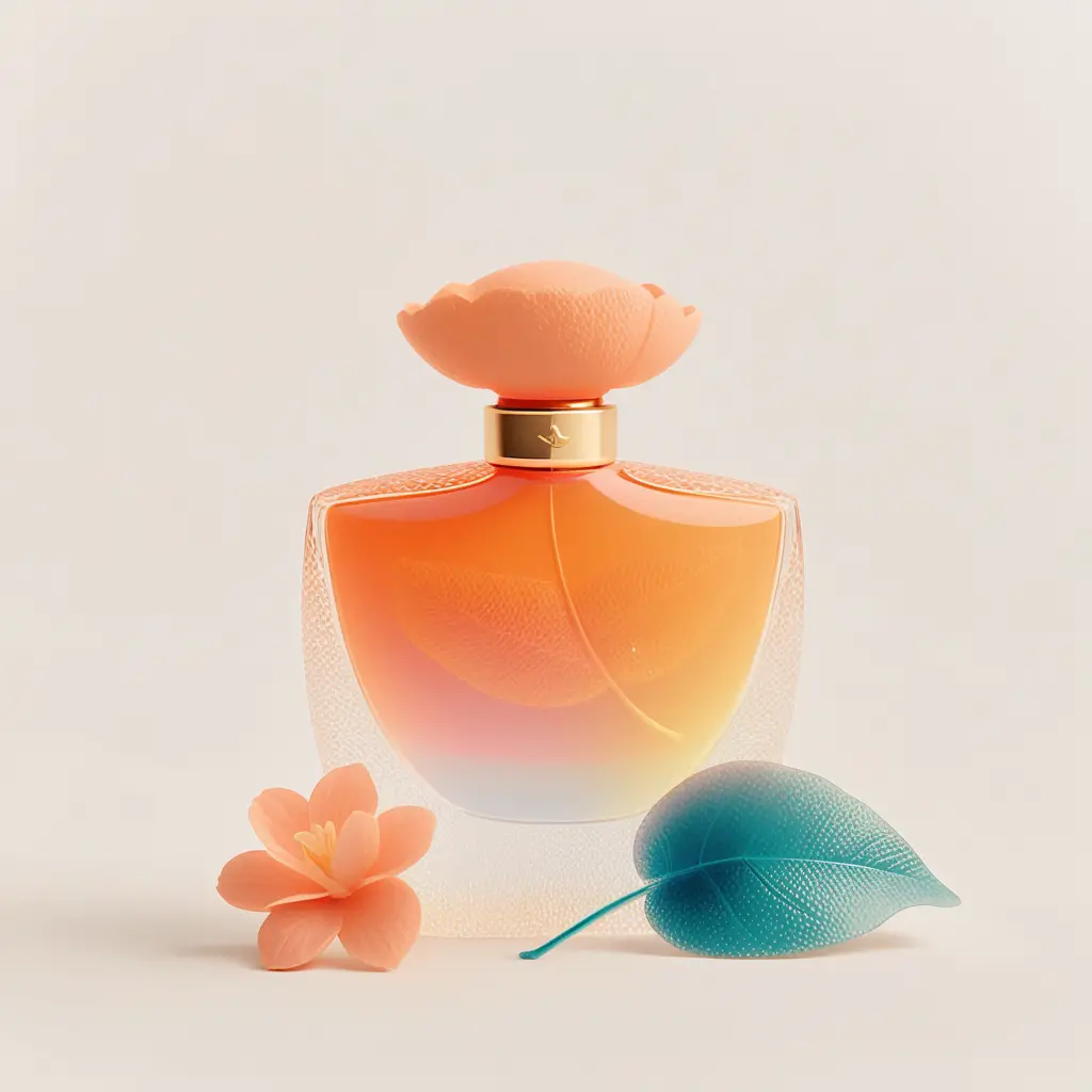 Flacone di profumo di lusso su foglia tropicale con fiori