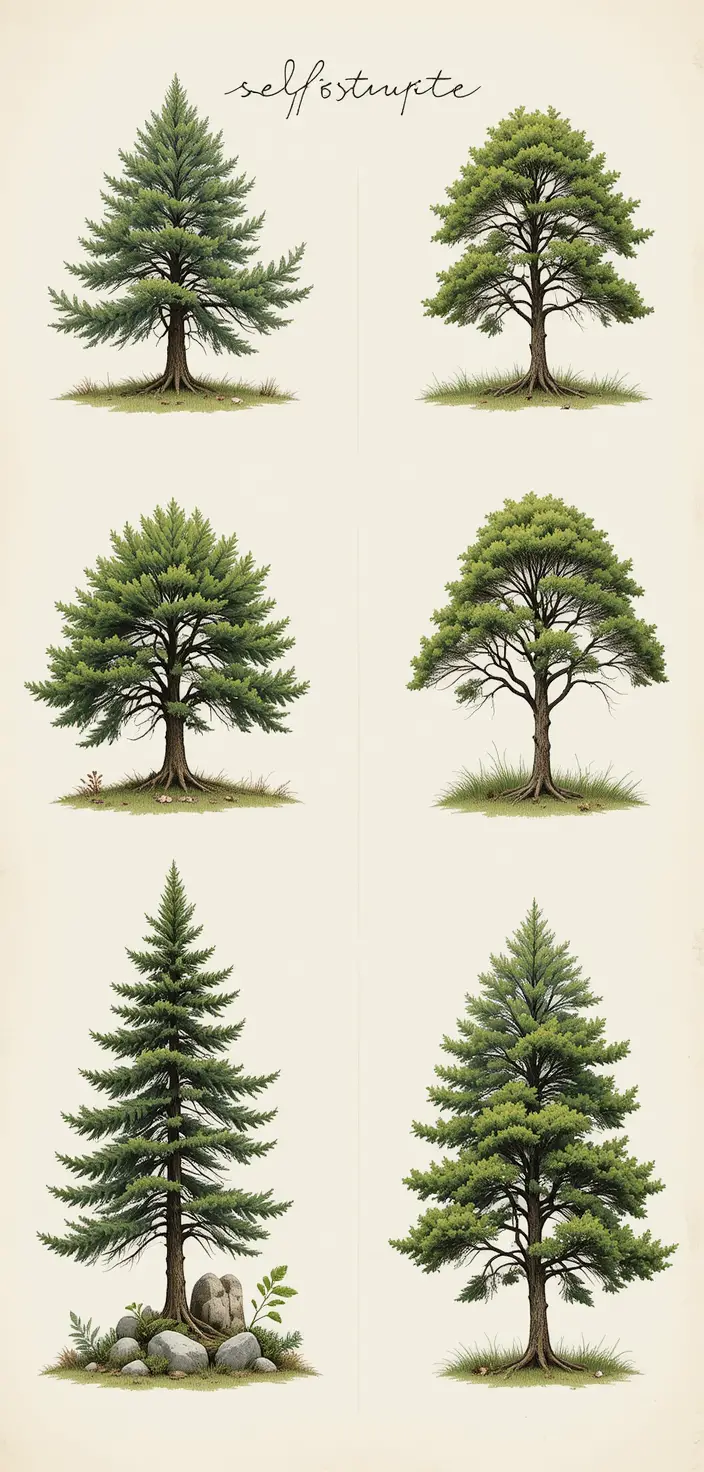 Collection illustrée d’arbres variés sur fond neutre