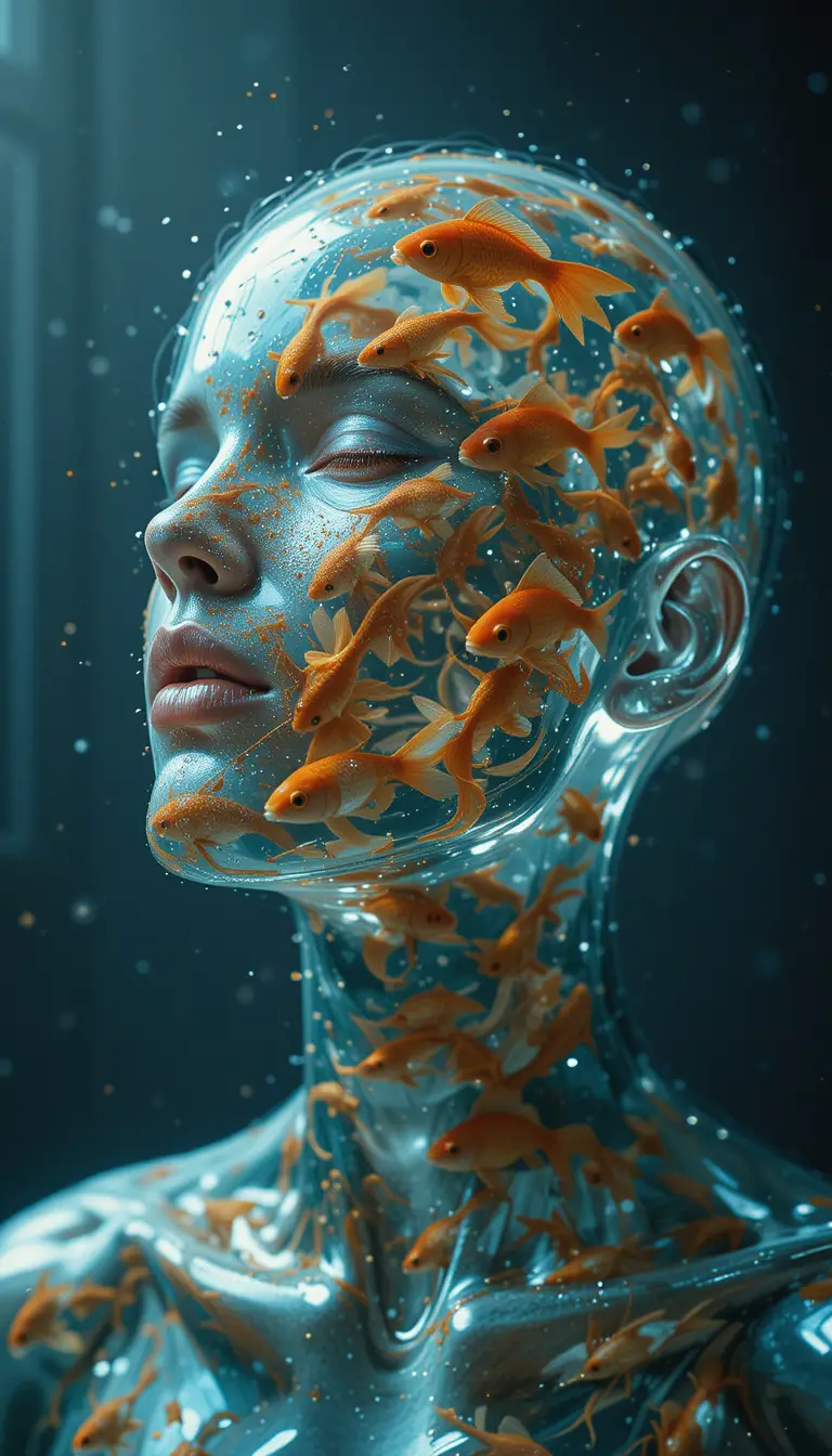 充滿漂浮金魚的超現實玻璃女子