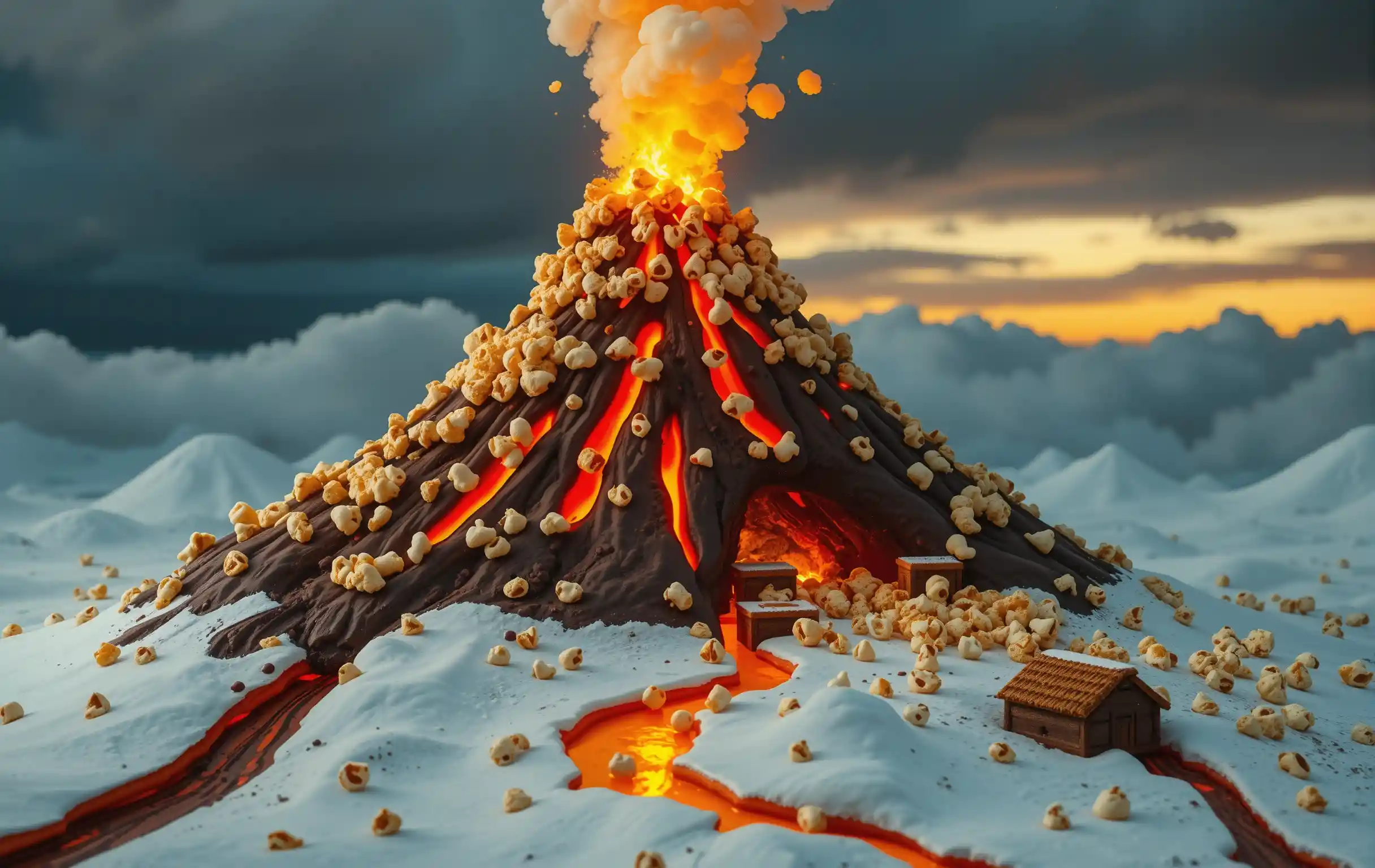 Karamell-Popcorn-Vulkan, der über einer Keksstadt ausbricht