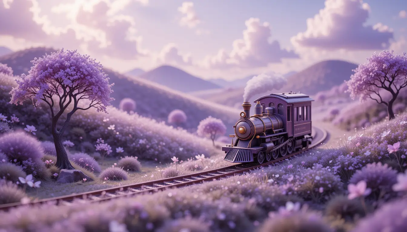 Piccolo treno decorato in un mondo in miniatura viola da sogno