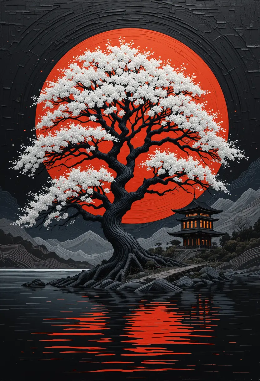 Peinture numérique de style japonais avec arbre et soleil rouge