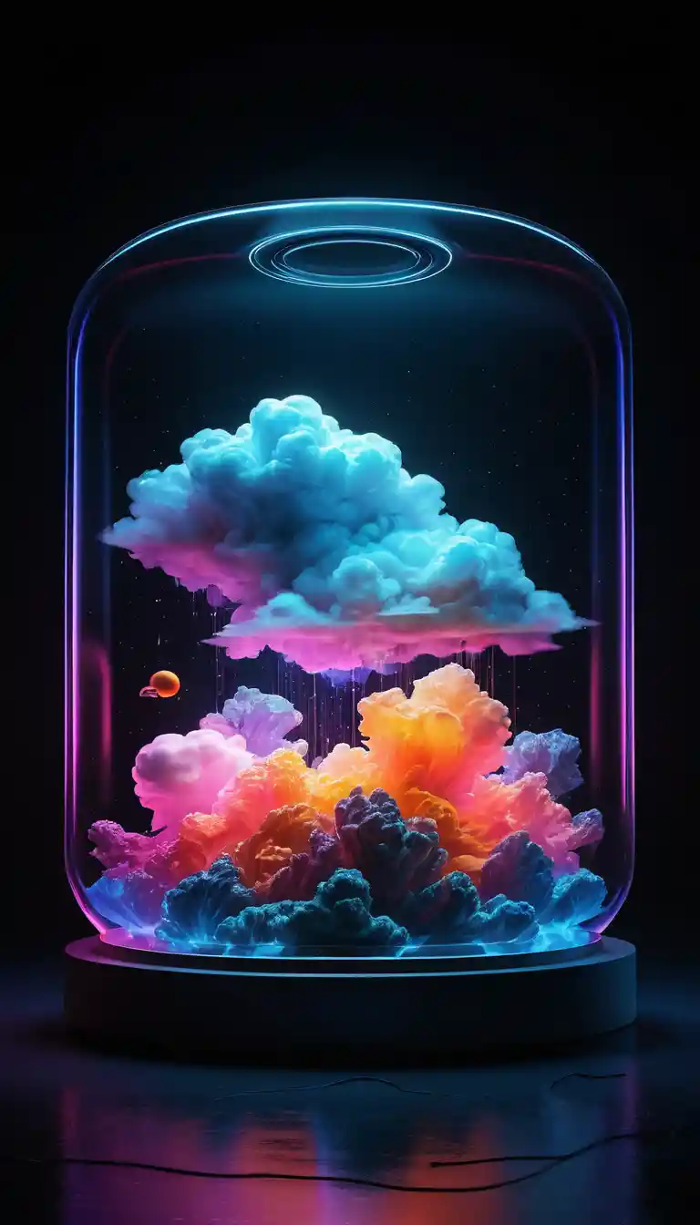 Neonwolke, die nachts aus einem leuchtenden Gefäß aufsteigt