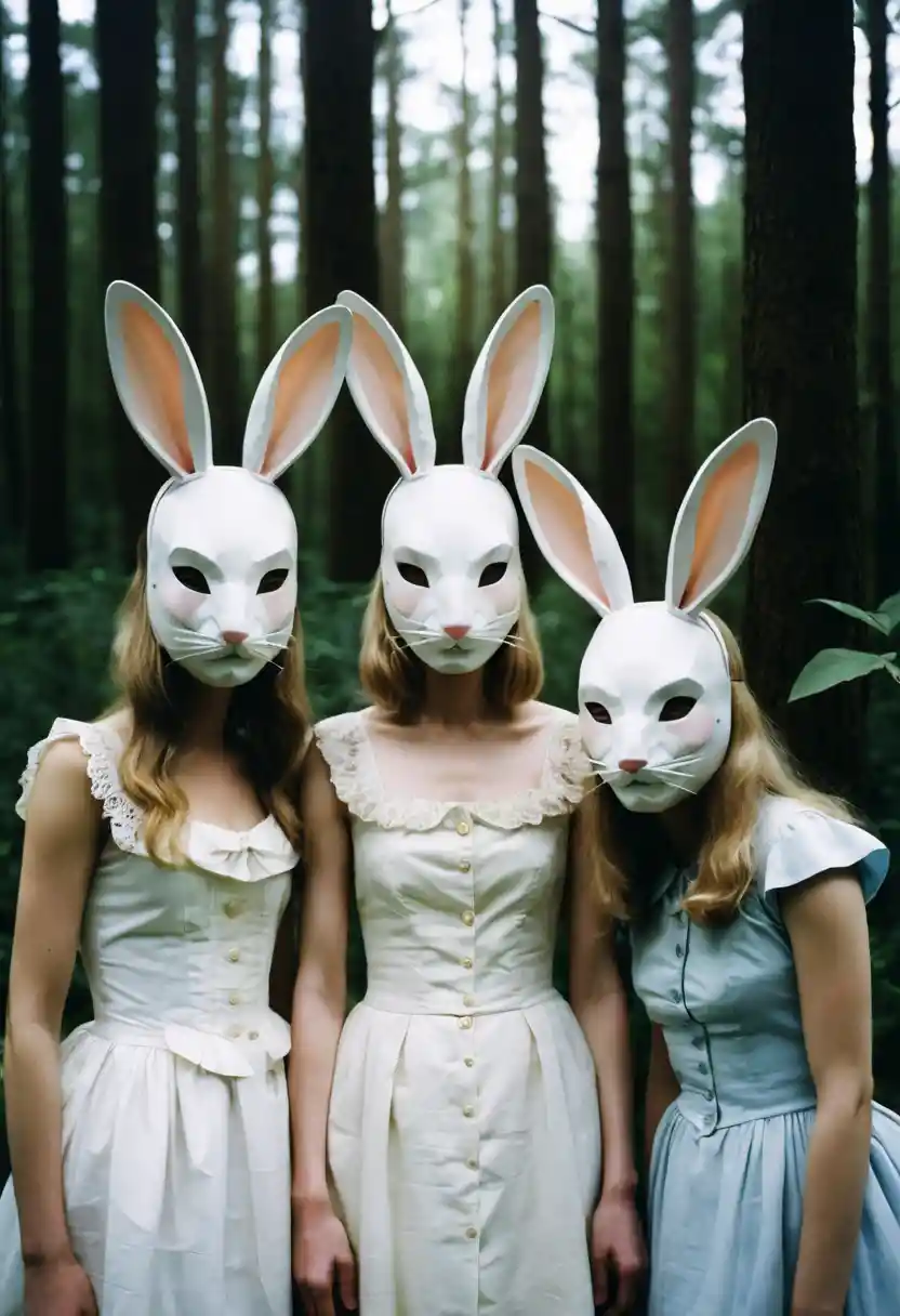 Drei Frauen mit weißen Hasenmasken im Wald