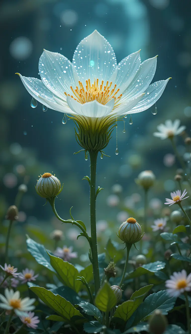 Mystische Tau-Blume, die in einer Meerjungfrauenwiese blüht