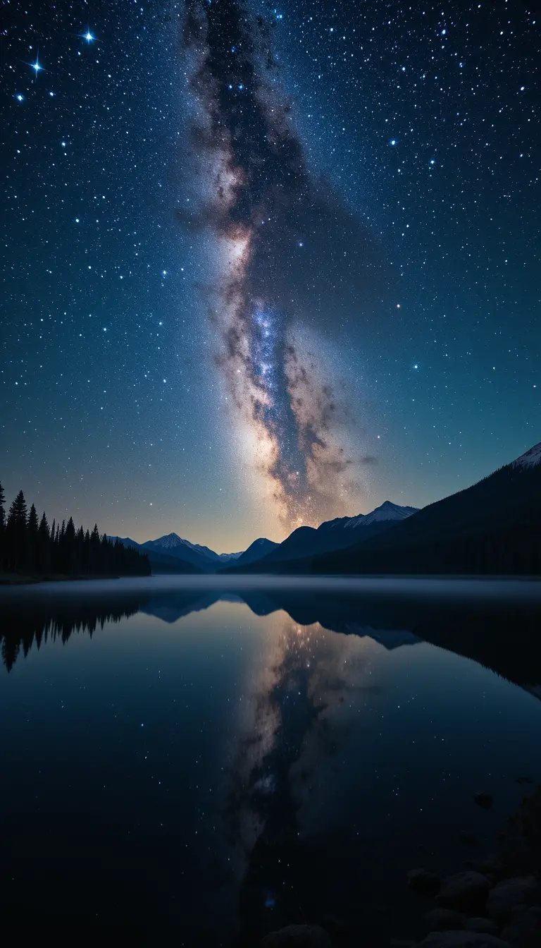 Cielo notturno stellato riflesso in un silenzioso lago di montagna