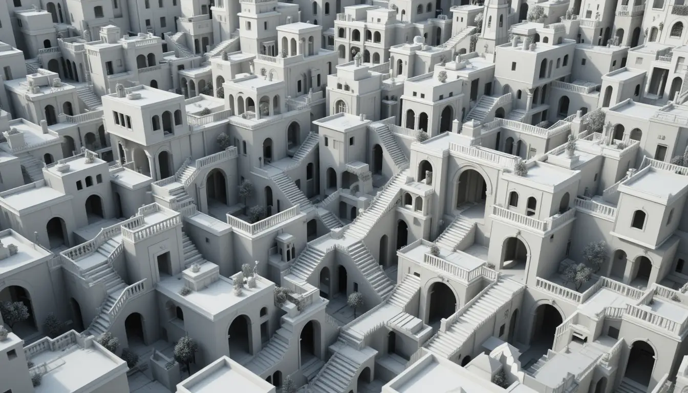 Intricado labirinto urbano 3D de prédios e escadas interligados