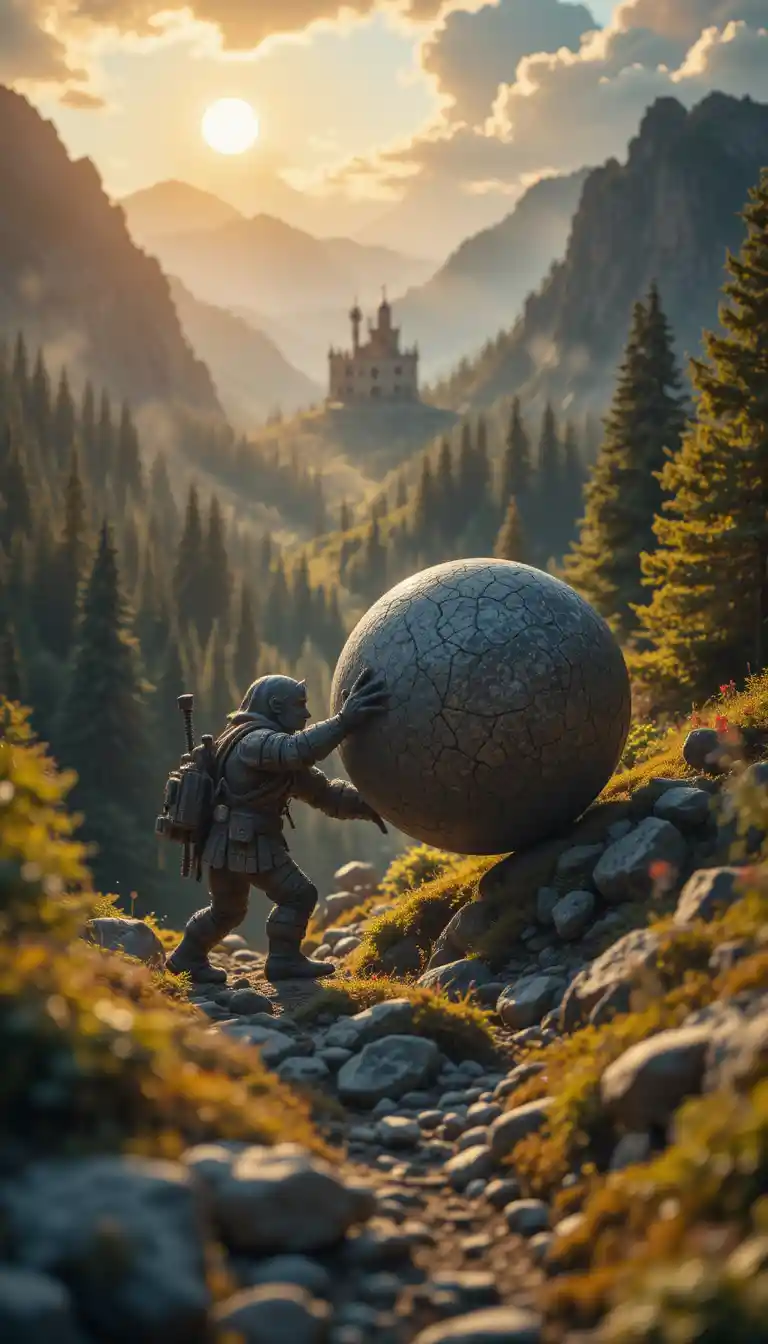 Golem di pietra che spinge un masso sopra un castello lontano