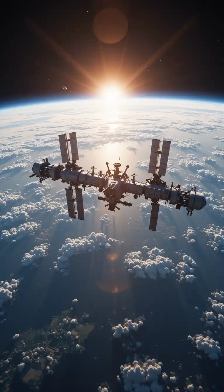 Massive Raumstation umkreist die Erde bei Sonnenaufgang
