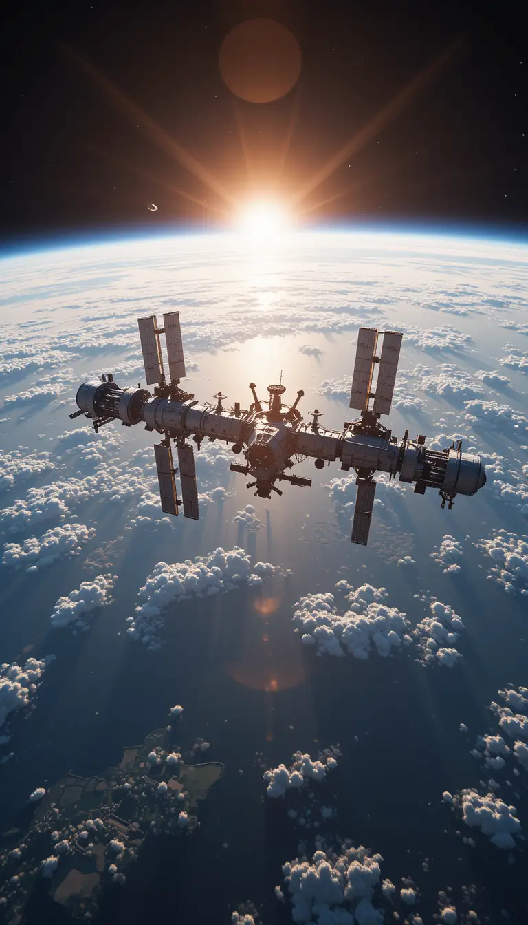 Immense station spatiale en orbite autour de la Terre au lever du soleil