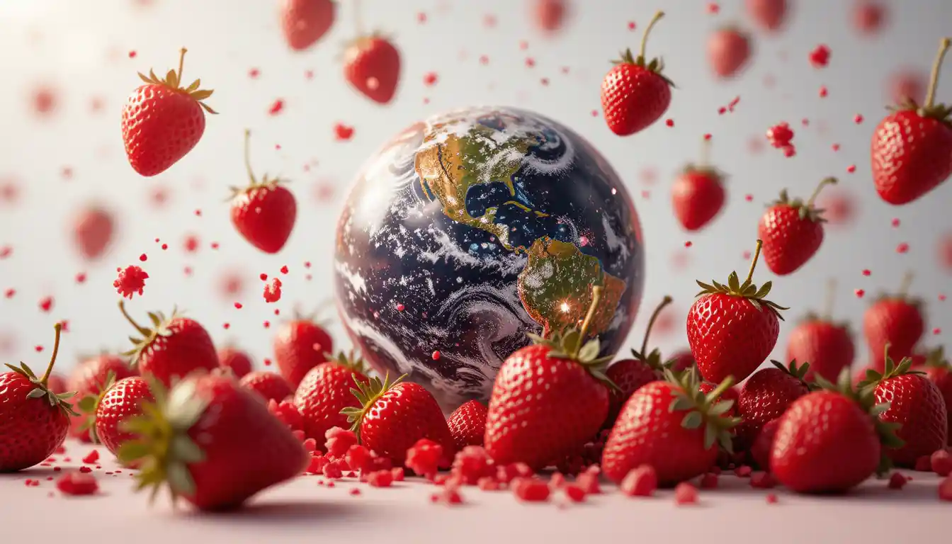 Macro view of floating strawberries against light background