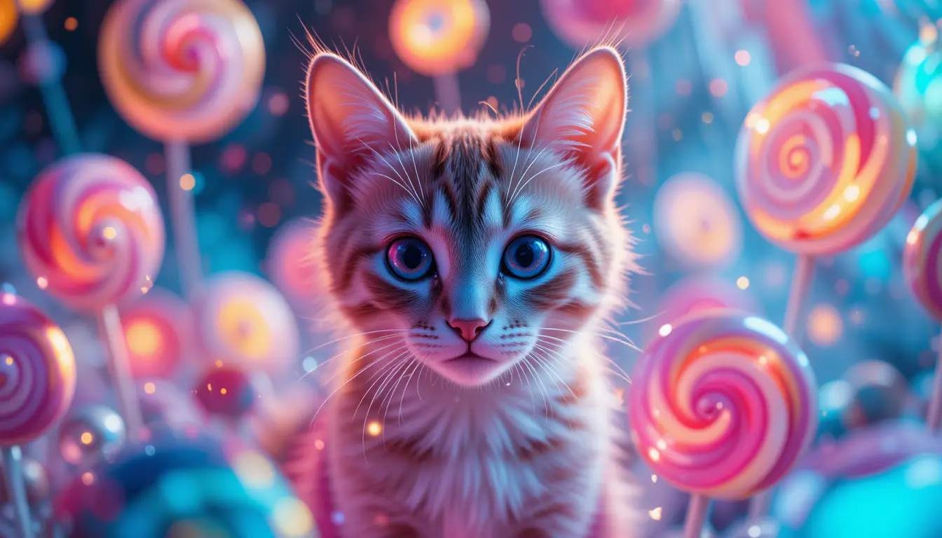 Cute Cat Close Up In Psychedelic Candy Neon Scene