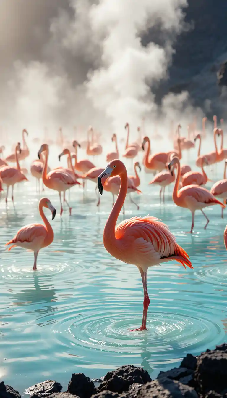 Fenicotteri in una laguna turchese fumante in un cratere vulcanico