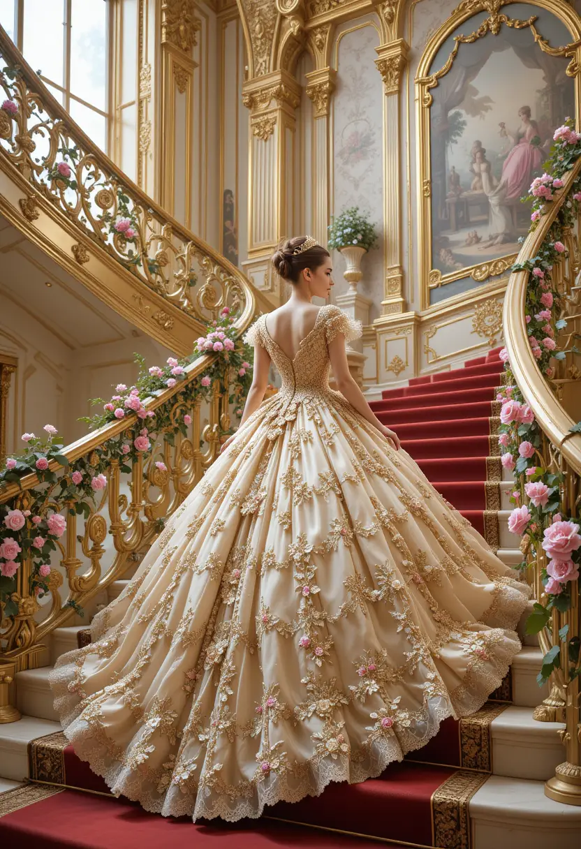 Femme élégante montant l’escalier d’un palais au tapis rouge