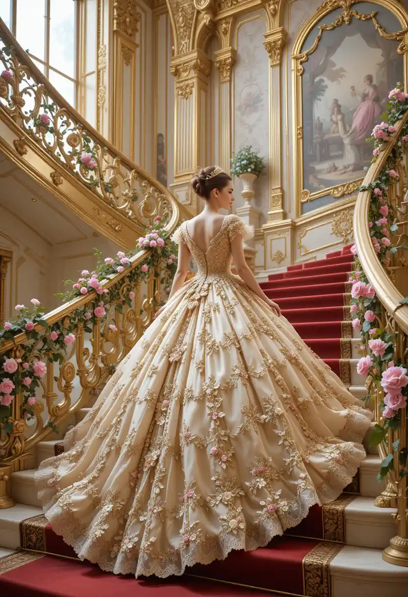 Elegant woman ascending red carpeted palace staircase