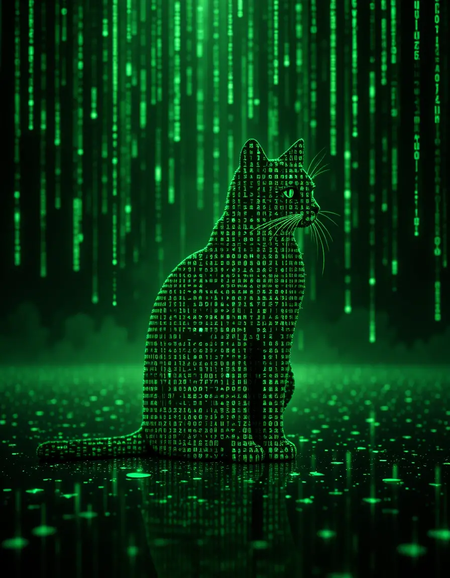 落ちる緑のデジタルコードで形作られた猫のシルエット