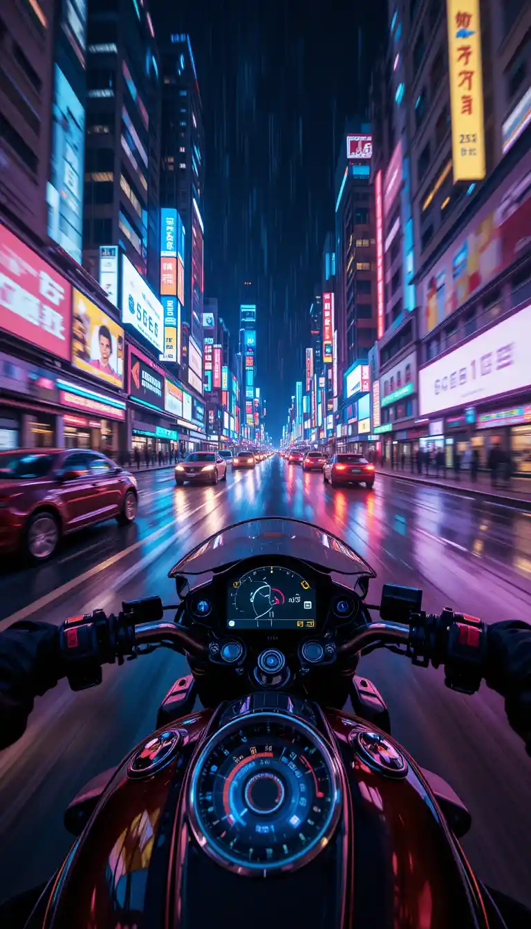 夜間馳騁於未來霓虹城市的機車