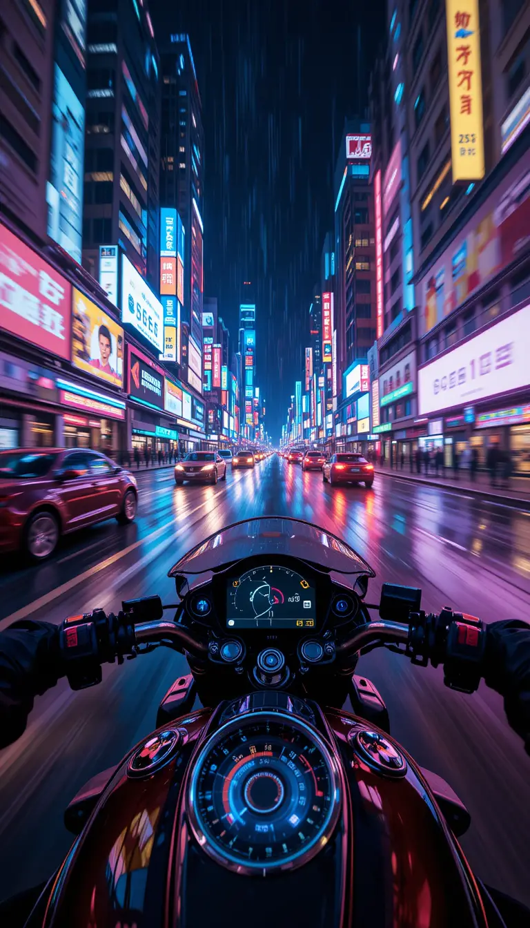 夜間馳騁於未來霓虹城市的機車