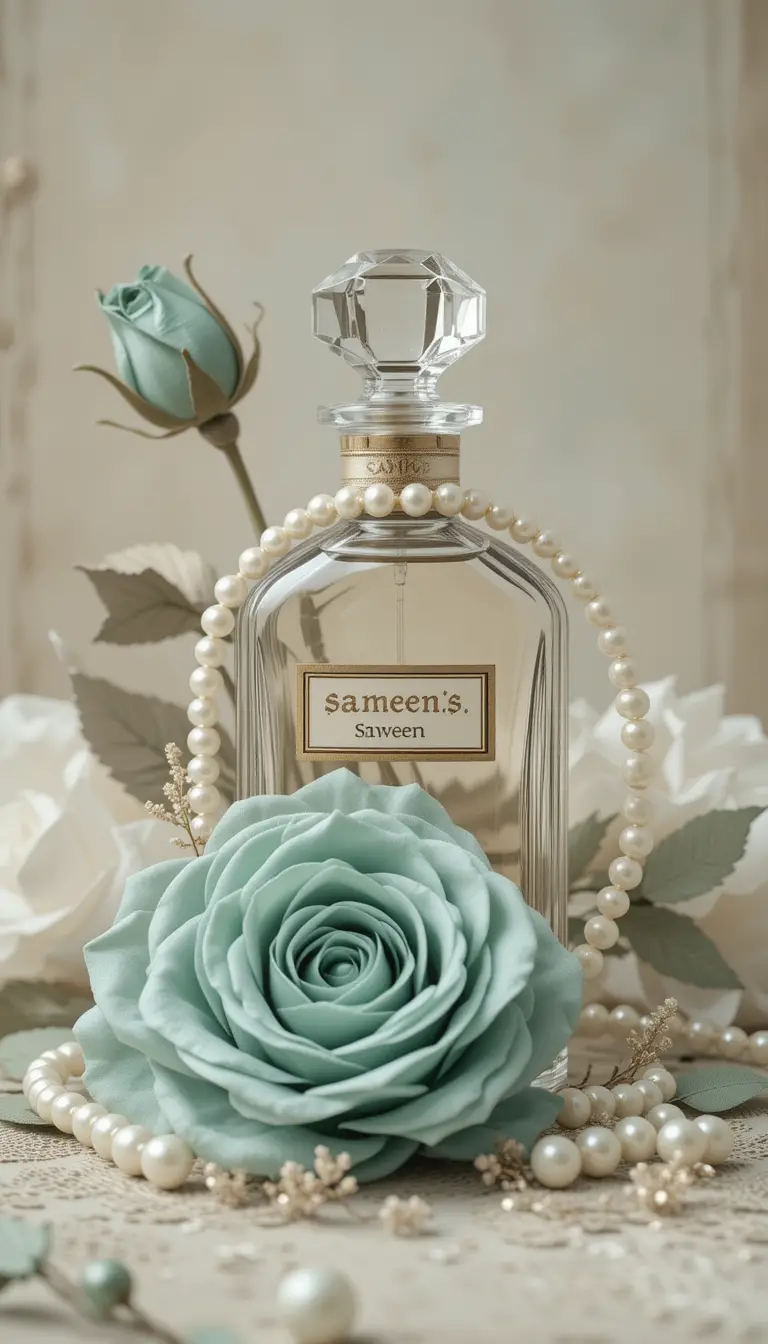 Vintage-Parfümflakon mit Seidenblumen und Perlen