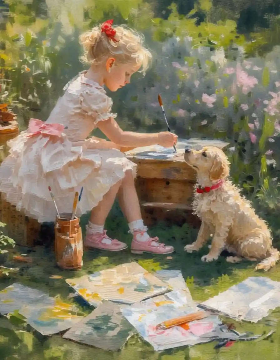 Jovem garota pintando em um jardim ensolarado com um cachorrinho