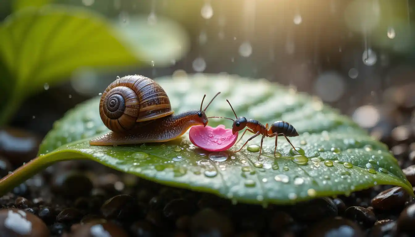 Tiny ant offering pink petal to snail on leaf