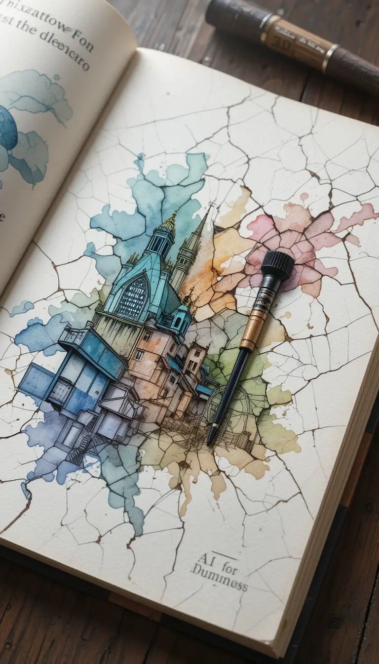 Aquarellillustration eines rissigen Papierbuchumschlags