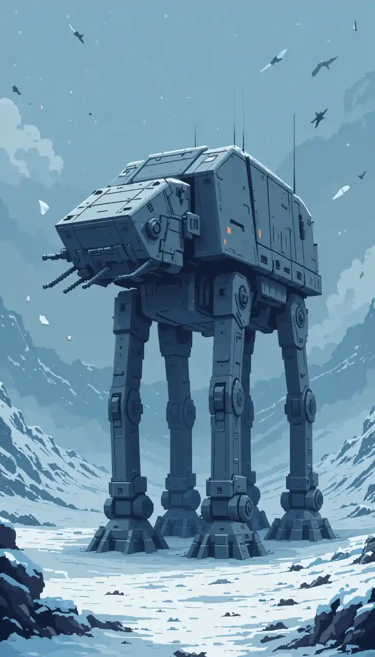 Camminatore militare futuristico in una tempesta di neve in pixel art