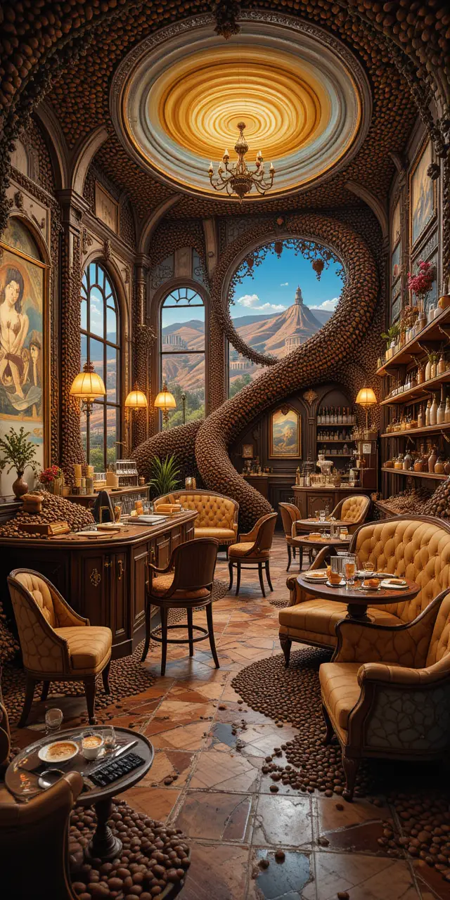 Surreales Kaffeebohnen-Café-Interior mit verspieltem, warmem Leuchten