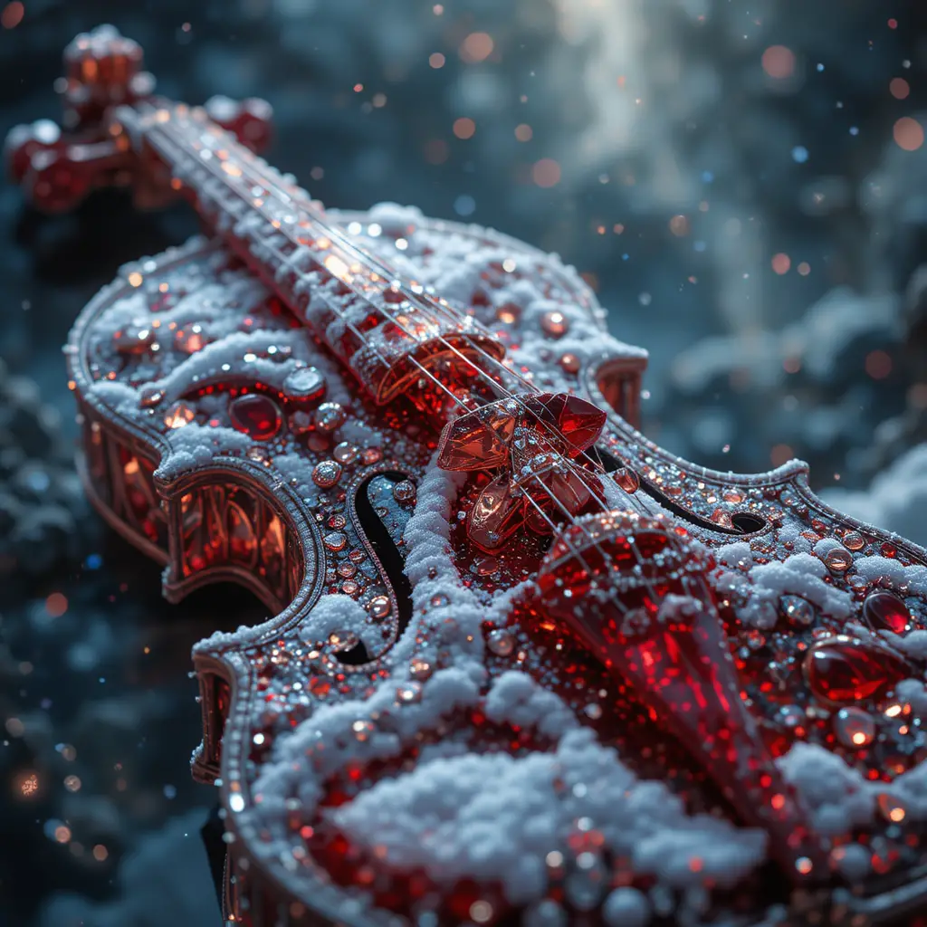 Violino di diamante surreale con corde di cristallo rosso nella neve