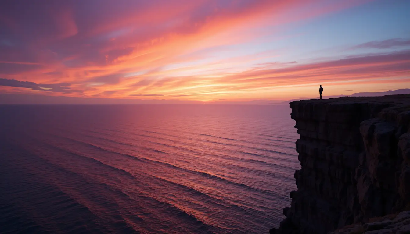 懸崖上觀賞繽紛海上夕陽的剪影