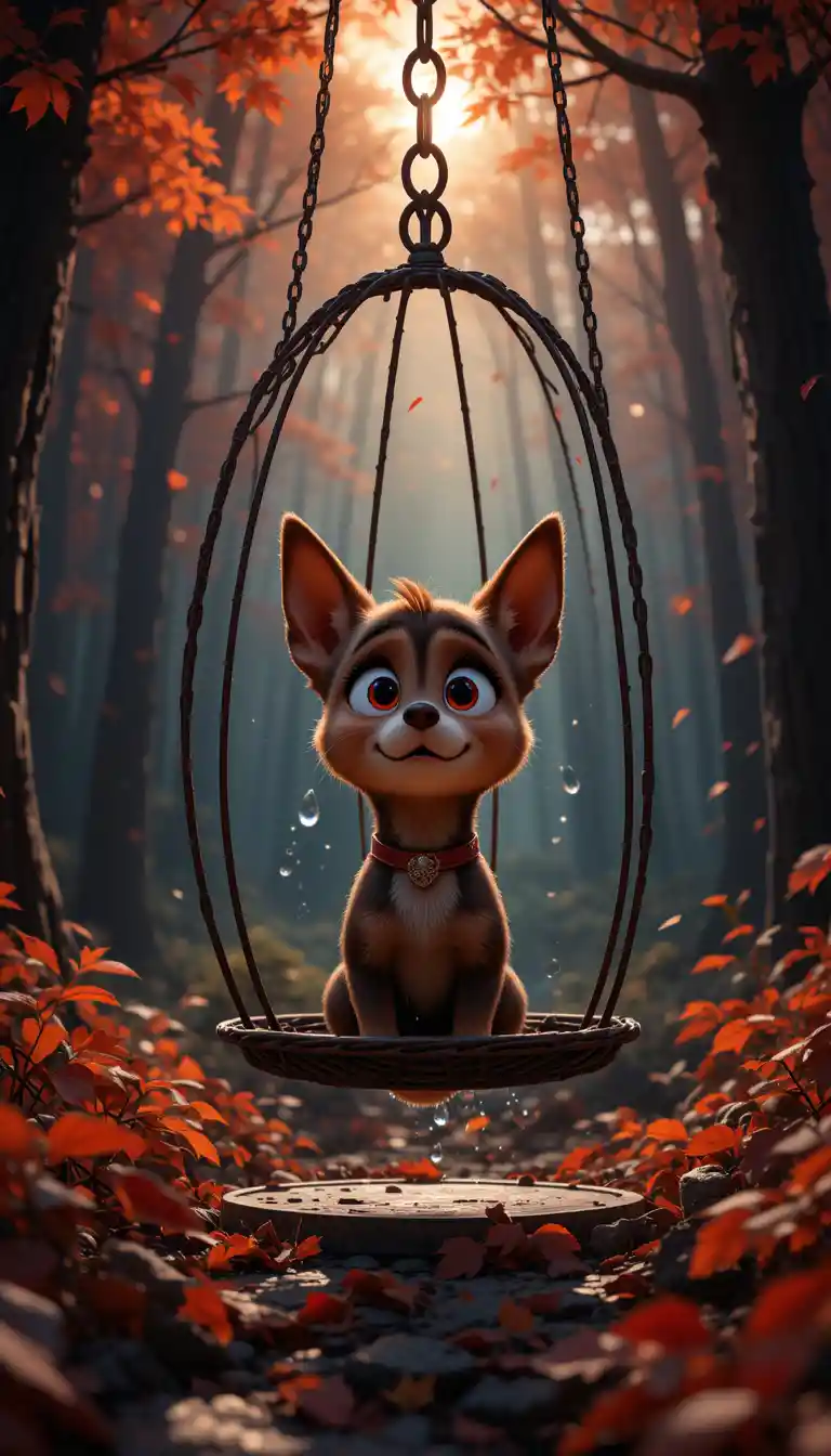 Cucciolo di bassotto triste in gabbia in un bosco autunnale al tramonto