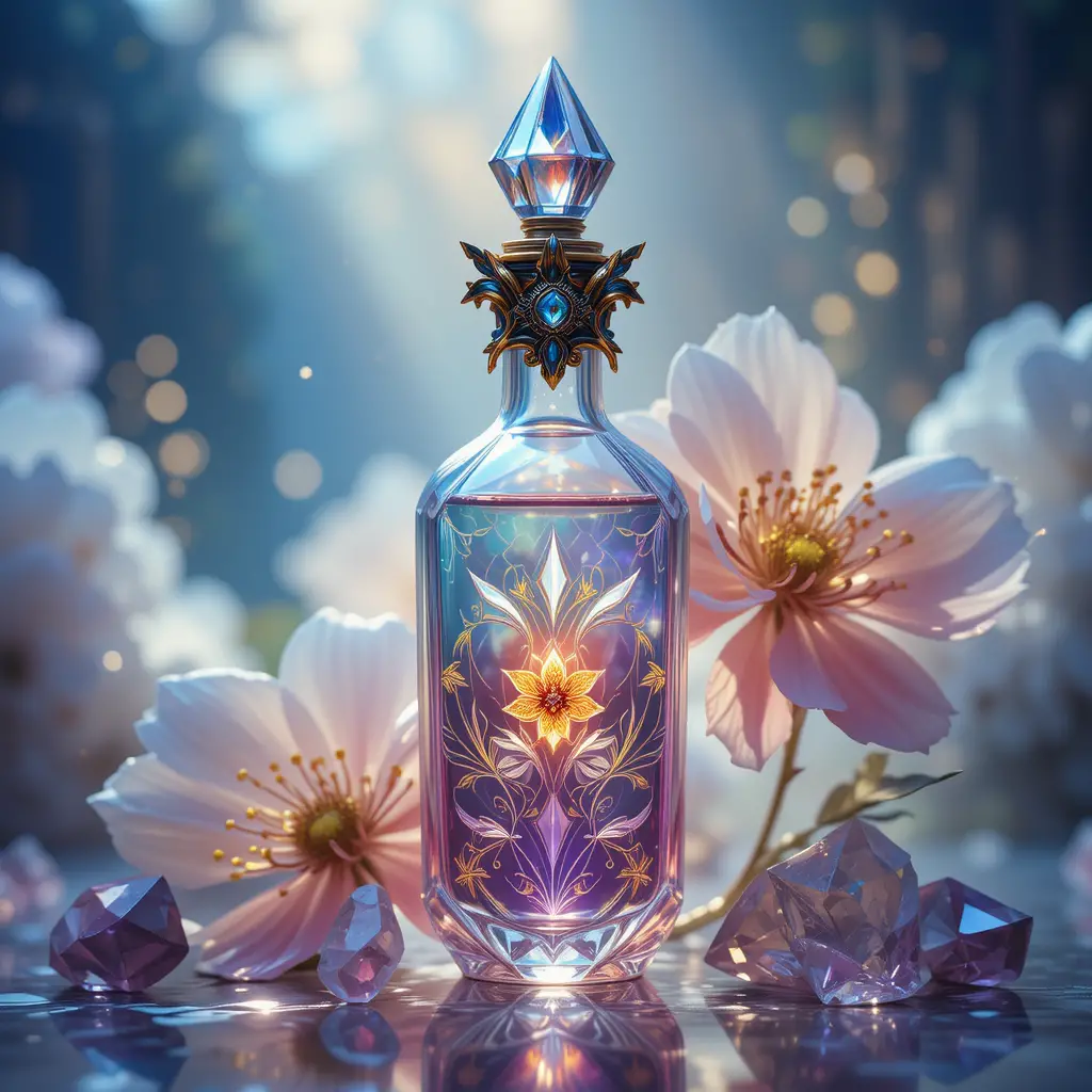 Boccetta di profumo in cristallo con essenza magica iridescente