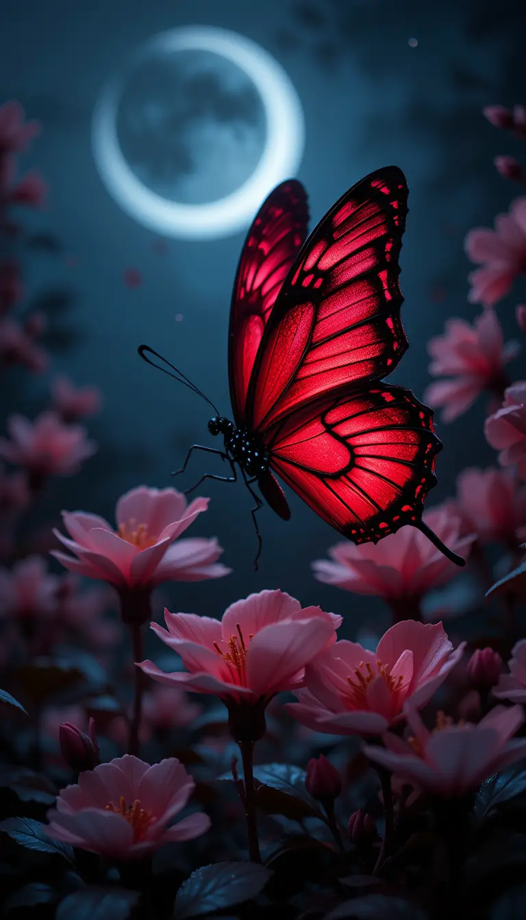 月光夜色花園中發光的血紅色蝴蝶