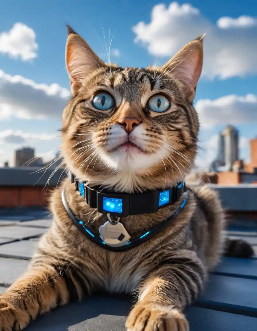 Überraschte getigerte Katze auf einem Dach unter leuchtend blauem Himmel