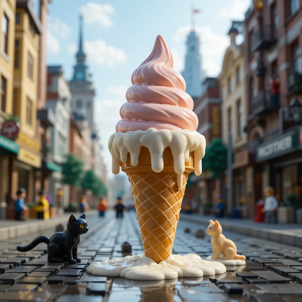 Schmelzende Lego-Eistüte auf einer belebten Stadtstraße