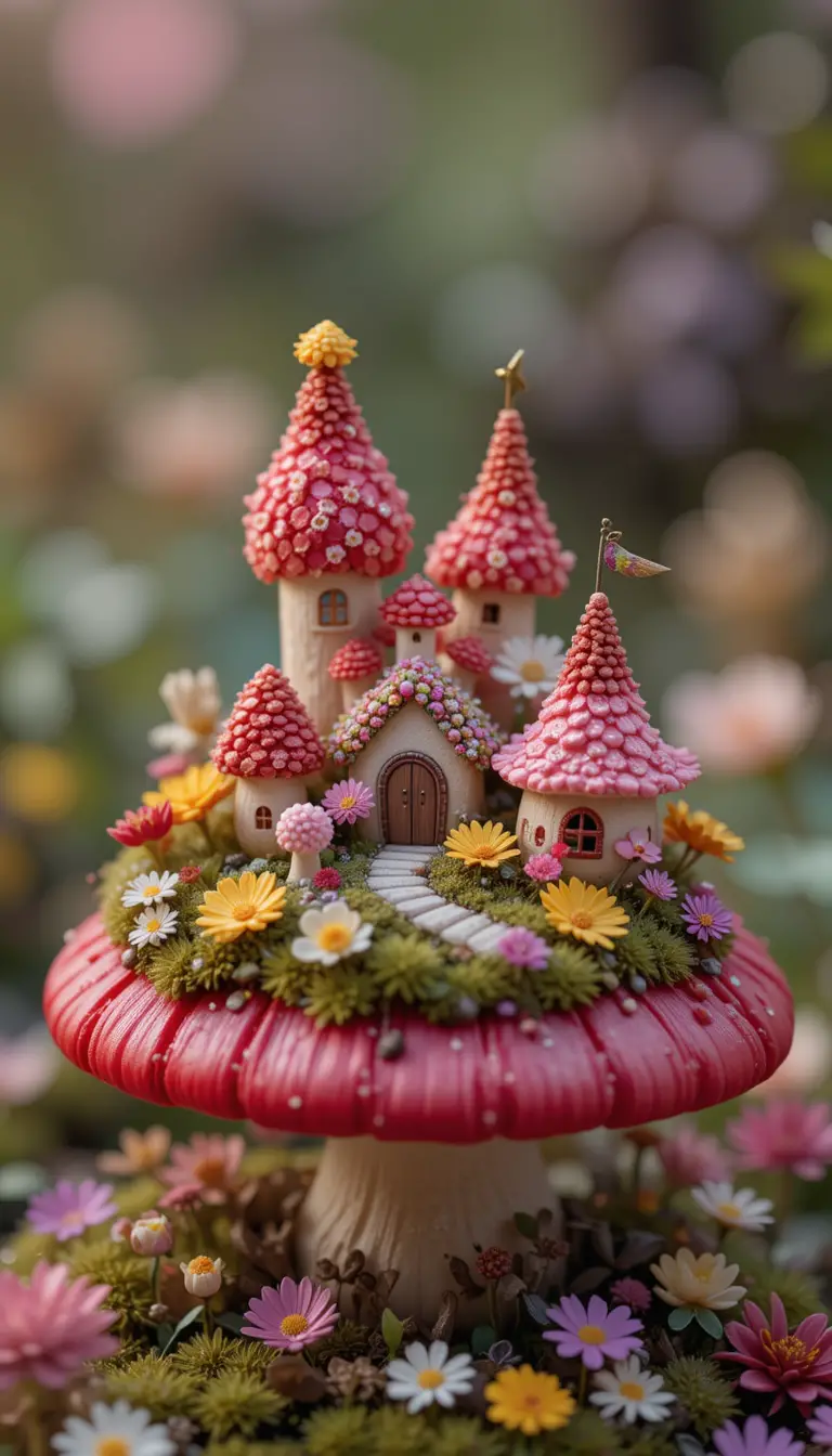 Royaume de Fleurs Miniature sur une Maison Champignon Rouge