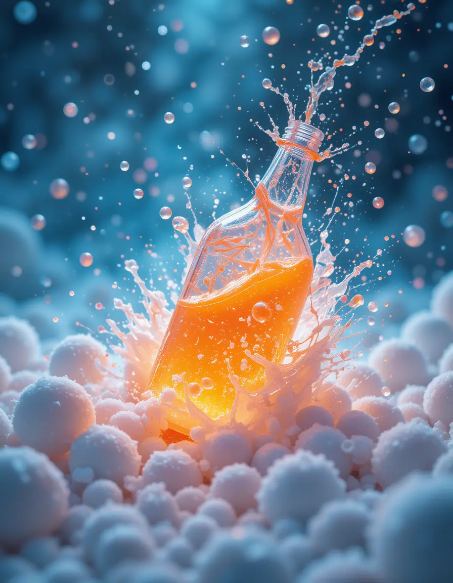 Leuchtende Flasche prallt auf Schneebälle und Jelly-Perlen